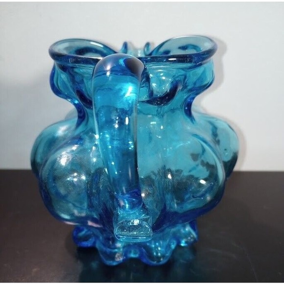 Blue Glass Handblown Creamer Handle Turquoise Bubble Round Decor - Picture 2 of 6